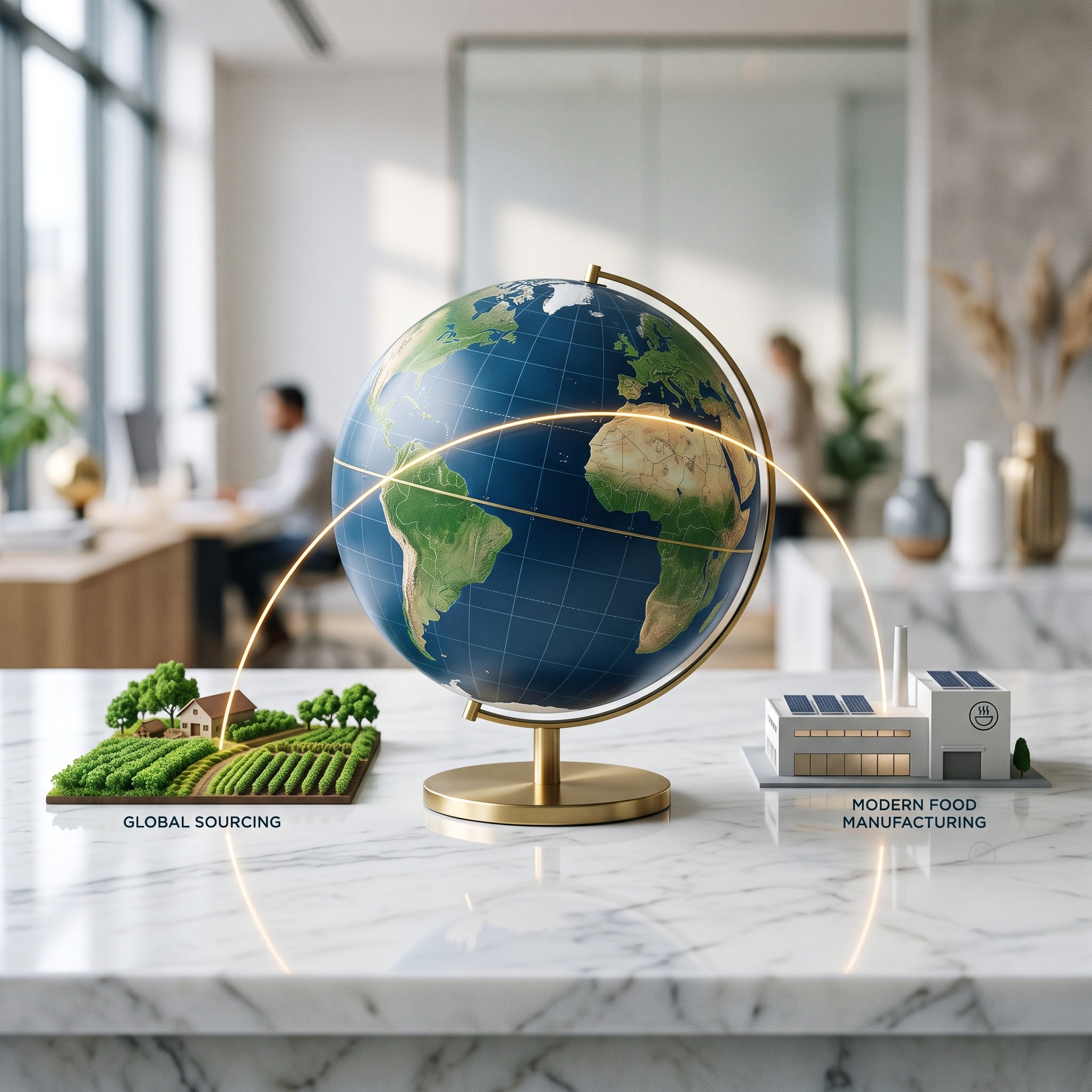 Global sourcing concept showing a world globe connecting agricultural origin with modern food manufacturing