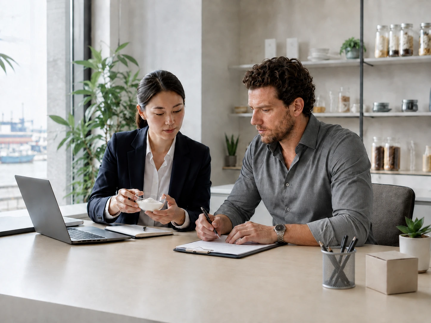 Photo of a sourcing and product-development meeting with an ingredient sample